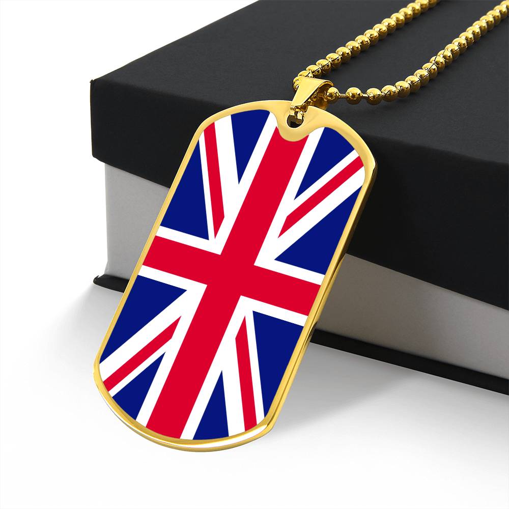 UK Flag Necklace Dog Tag Stainless Steel or 18k Gold 24" Chain-Express Your Love Gifts