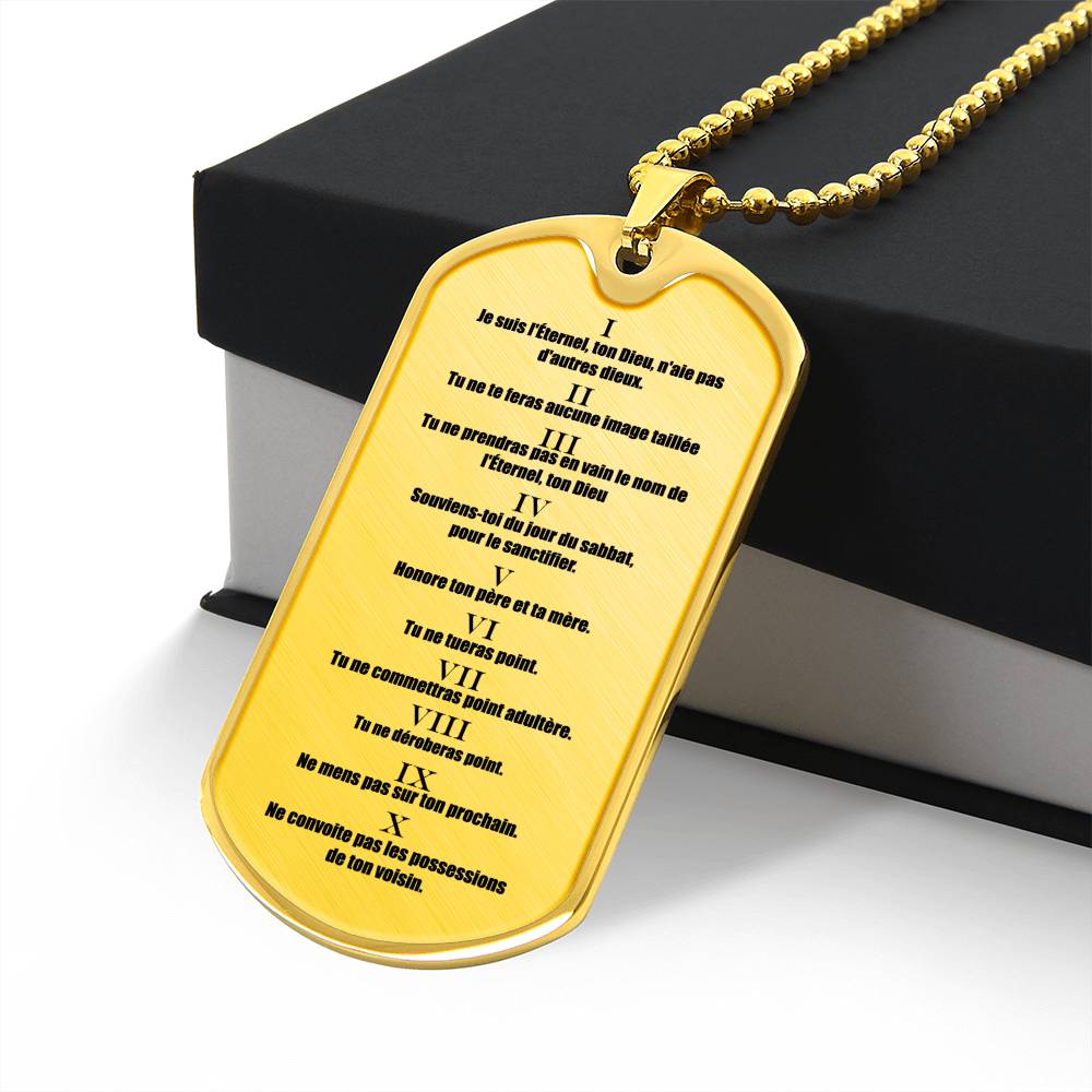 Ten Commandments French Necklace Dog Tag Stainless Steel or 18k Gold 24" Chain-Express Your Love Gifts
