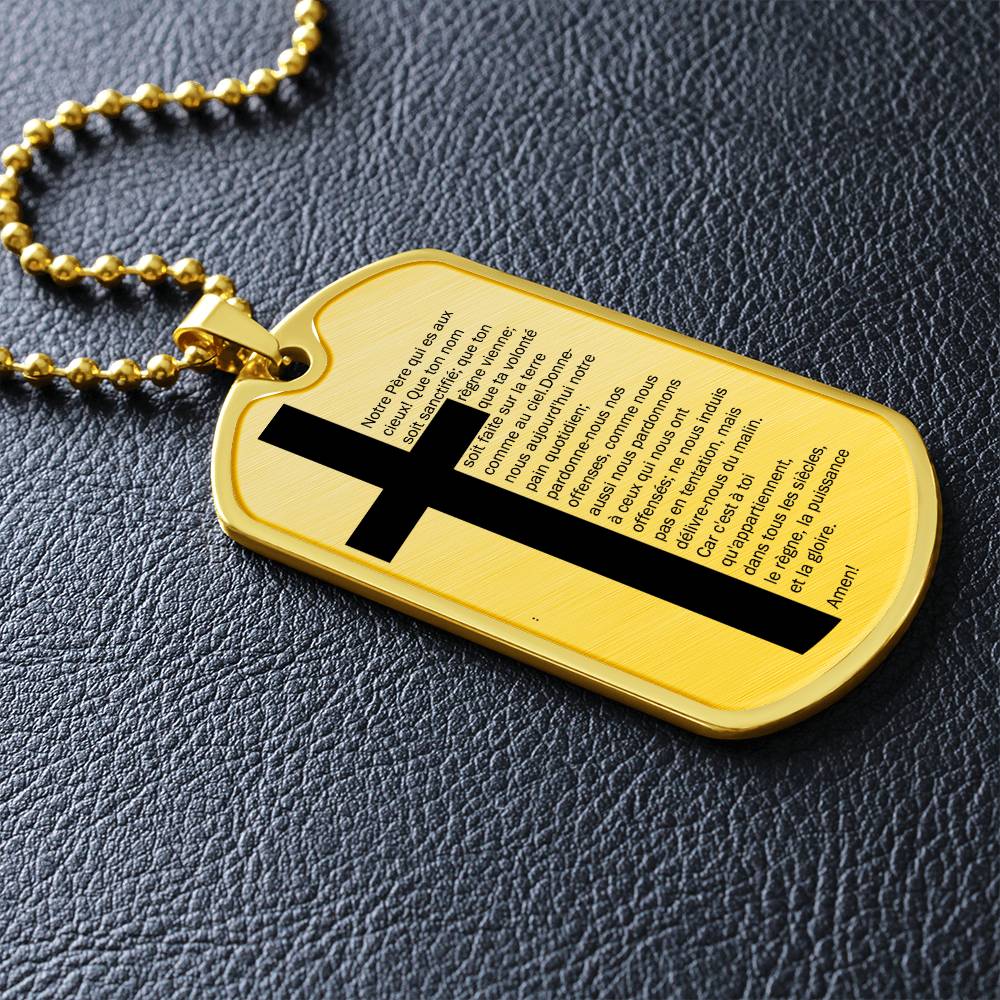 Lord's Prayer French Notre Père Necklace Dog Tag Stainless Steel or 18k Gold w 24" Chain-Express Your Love Gifts