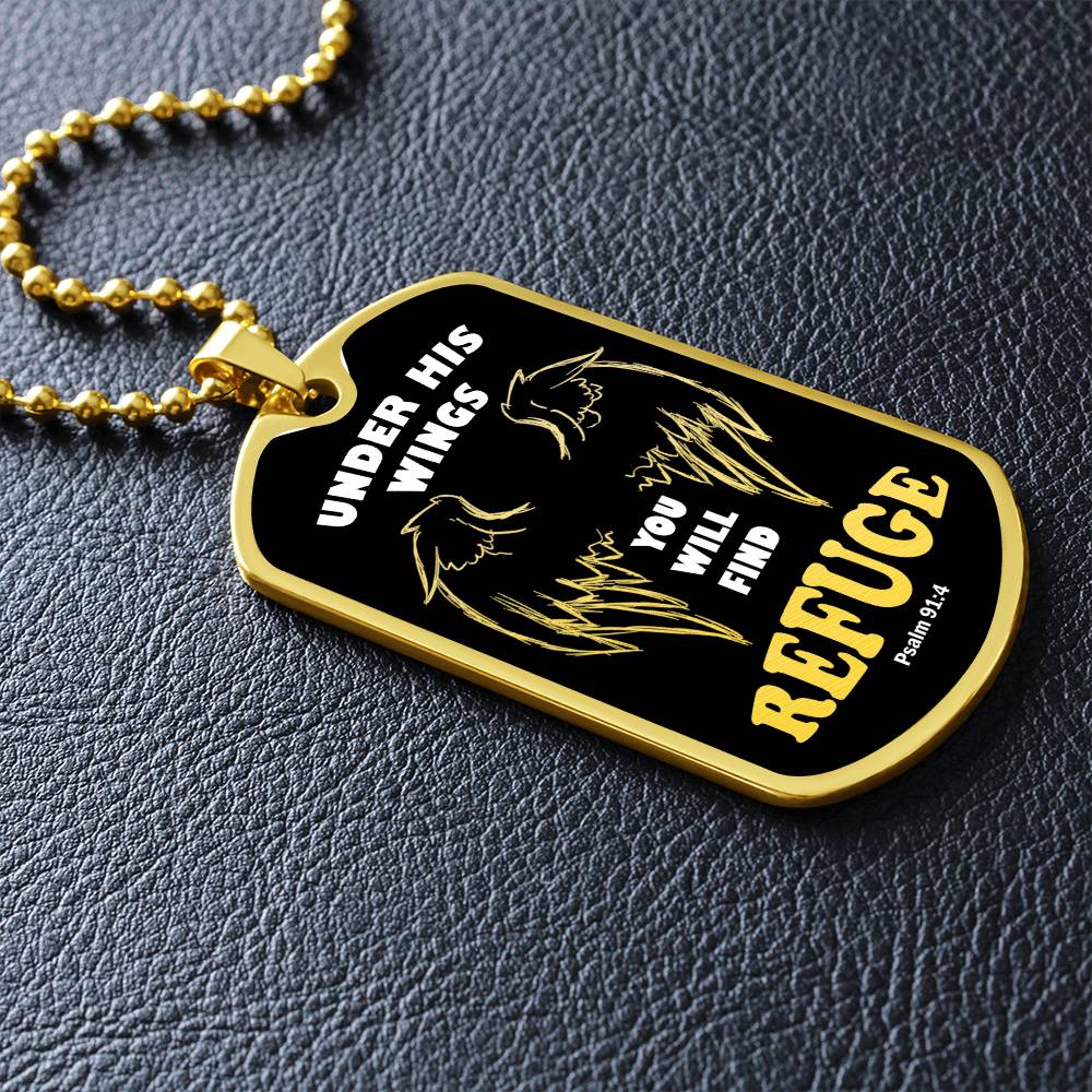 Psalm 91 Refuge Under His Wings Necklace Dog Tag Stainless Steel or 18k Gold w 24" Chain-Express Your Love Gifts