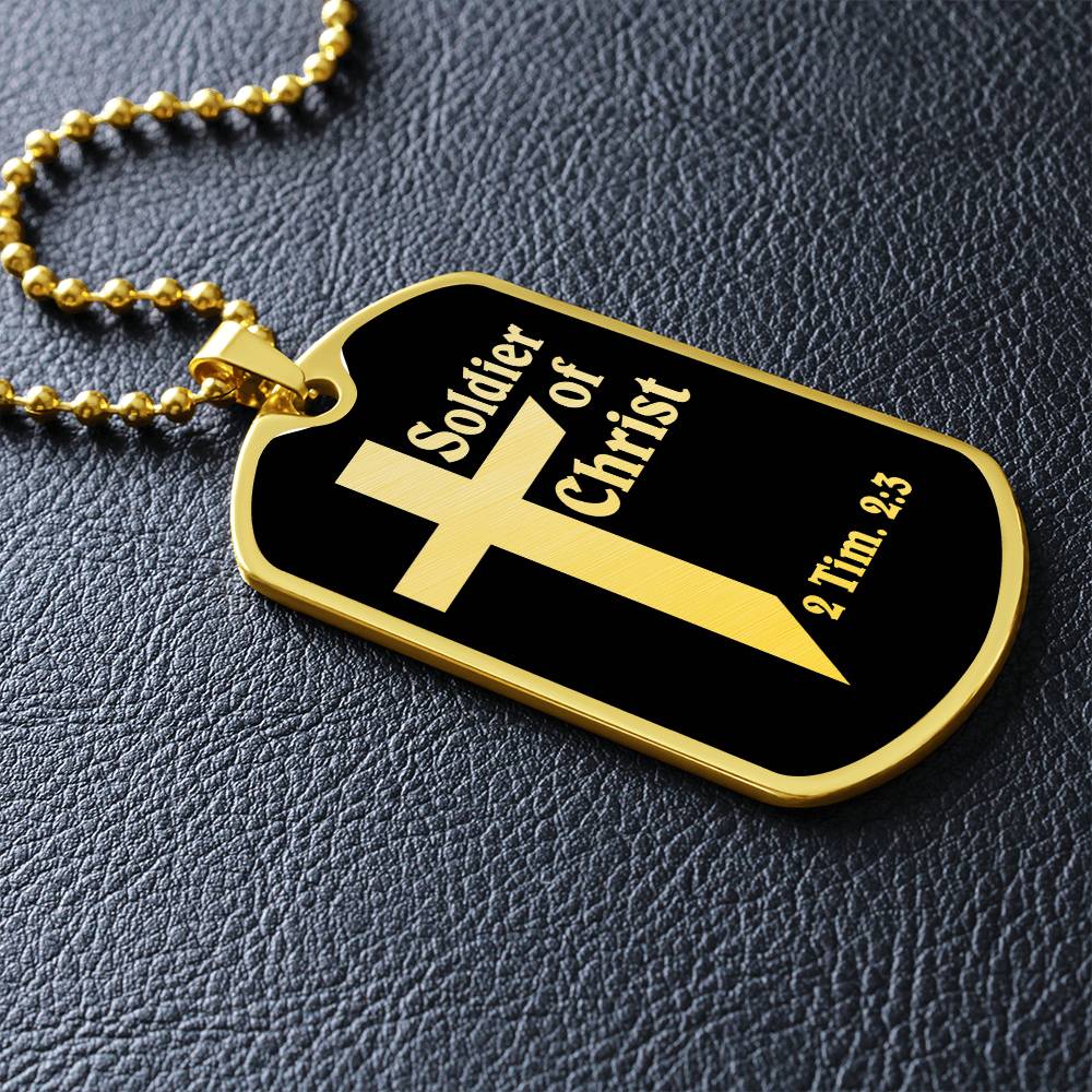 Soldier of Christ 2 Tim 2 3 Necklace Dog Tag Stainless Steel or 18k Gold w 24" Chain-Express Your Love Gifts