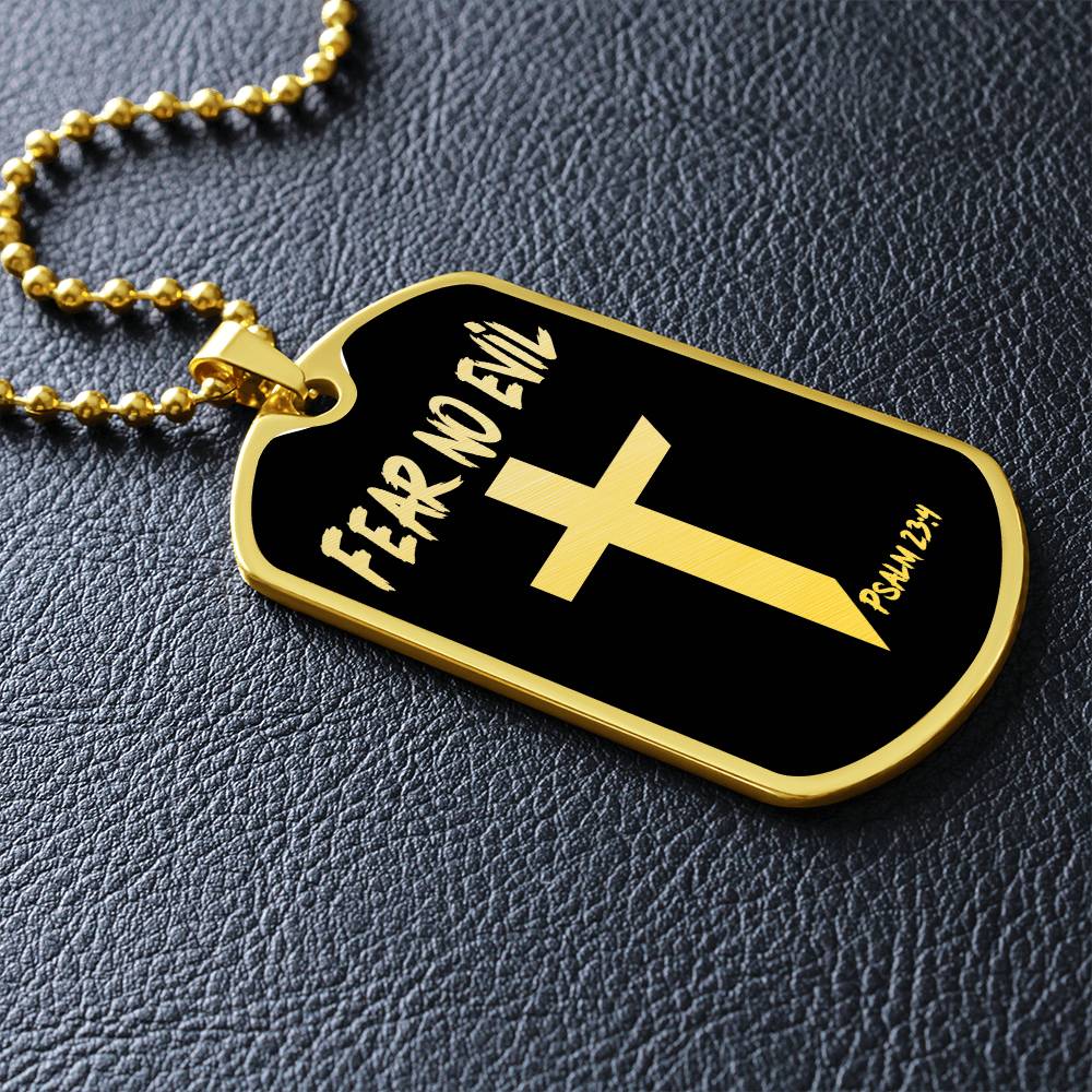 Fear No Evil Psalm 23.4 Necklace Dog Tag Stainless Steel or 18k Gold w 24" Chain-Express Your Love Gifts