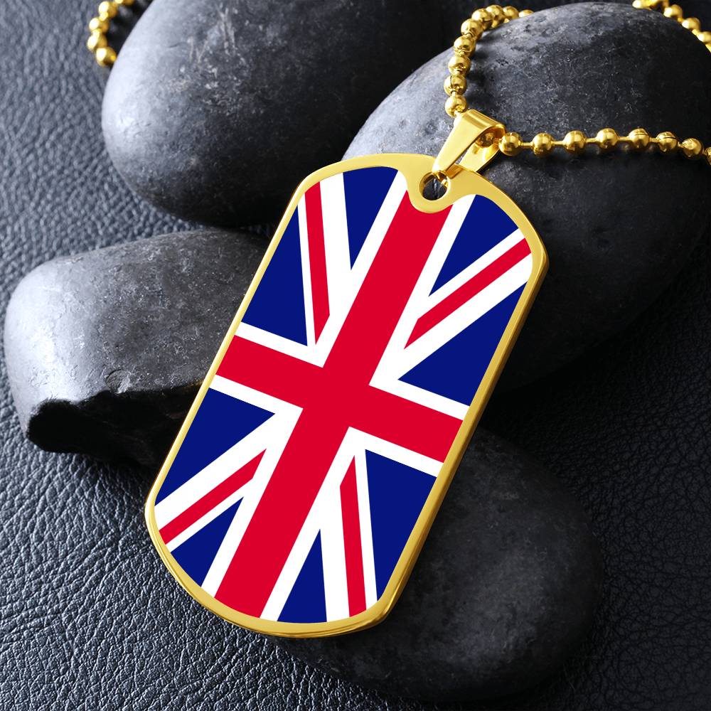 UK Flag Necklace Dog Tag Stainless Steel or 18k Gold 24" Chain-Express Your Love Gifts