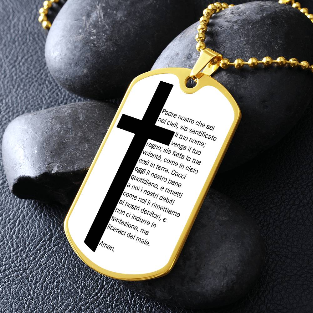 Lord's Prayer Italian Padre Nostro Necklace Dog Tag Stainless Steel or 18k Gold w 24" Chain-Express Your Love Gifts