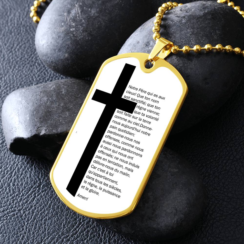 Lord's Prayer French Notre Père Necklace Dog Tag Stainless Steel or 18k Gold w 24" Chain-Express Your Love Gifts