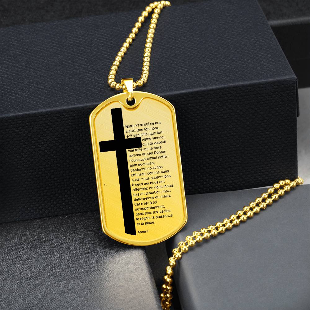 Lord's Prayer French Notre Père Necklace Dog Tag Stainless Steel or 18k Gold w 24" Chain-Express Your Love Gifts