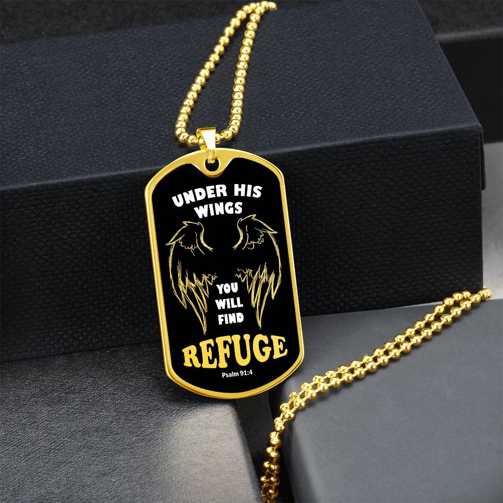 Psalm 91 Refuge Under His Wings Necklace Dog Tag Stainless Steel or 18k Gold w 24" Chain-Express Your Love Gifts