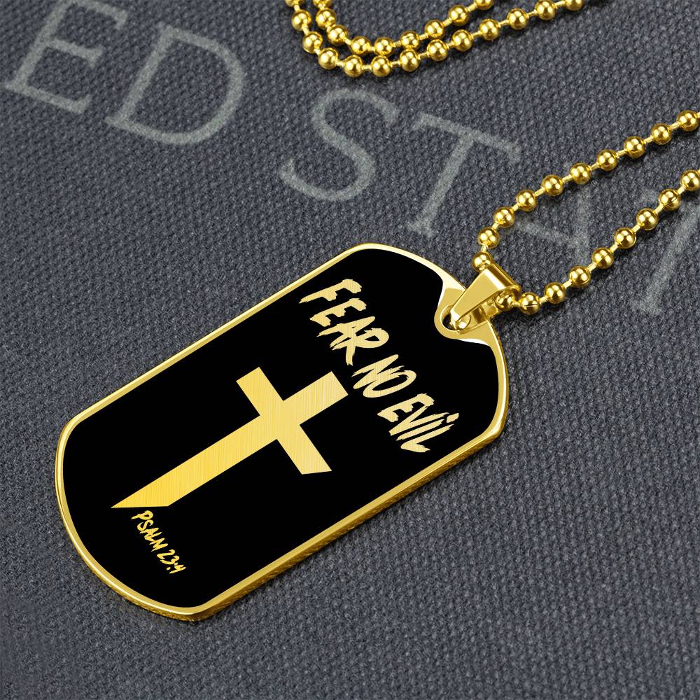 Fear No Evil Psalm 23.4 Necklace Dog Tag Stainless Steel or 18k Gold w 24" Chain-Express Your Love Gifts