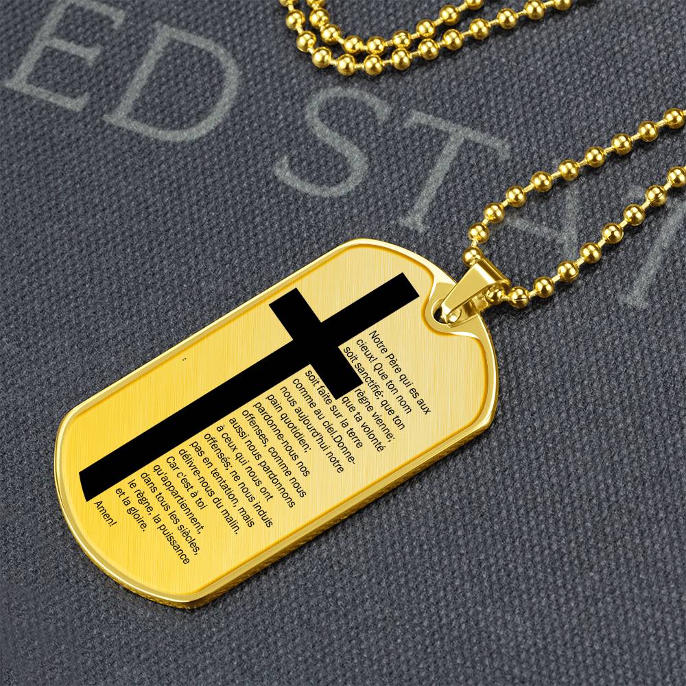 Lord's Prayer French Notre Père Necklace Dog Tag Stainless Steel or 18k Gold w 24" Chain-Express Your Love Gifts