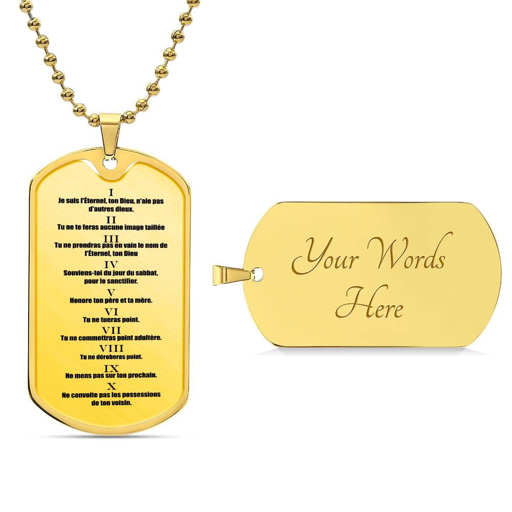 Ten Commandments French Necklace Dog Tag Stainless Steel or 18k Gold 24" Chain-Express Your Love Gifts