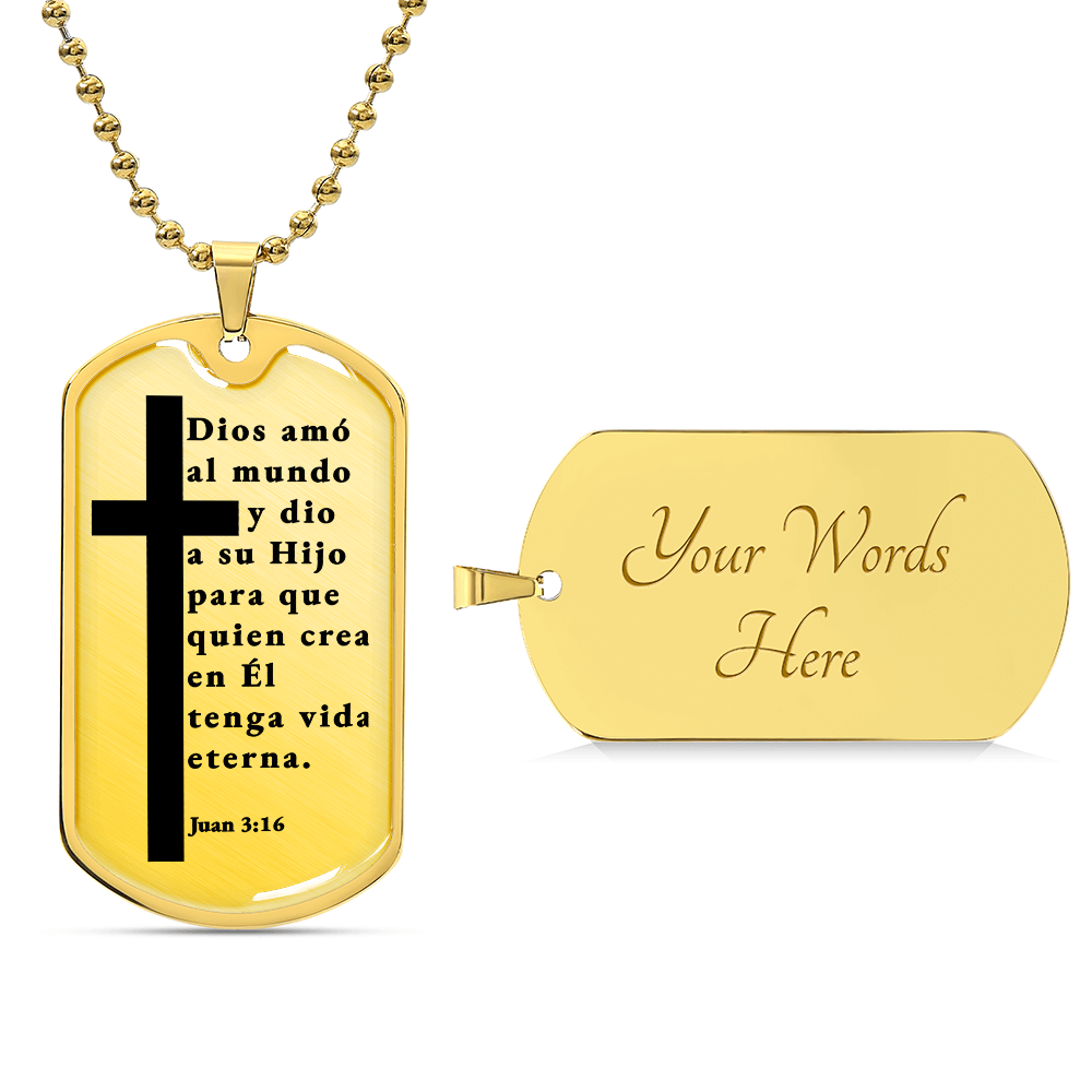 Juan 3:16 Spanish Necklace Stainless Steel or 18k Gold Dog Tag W 24"-Express Your Love Gifts