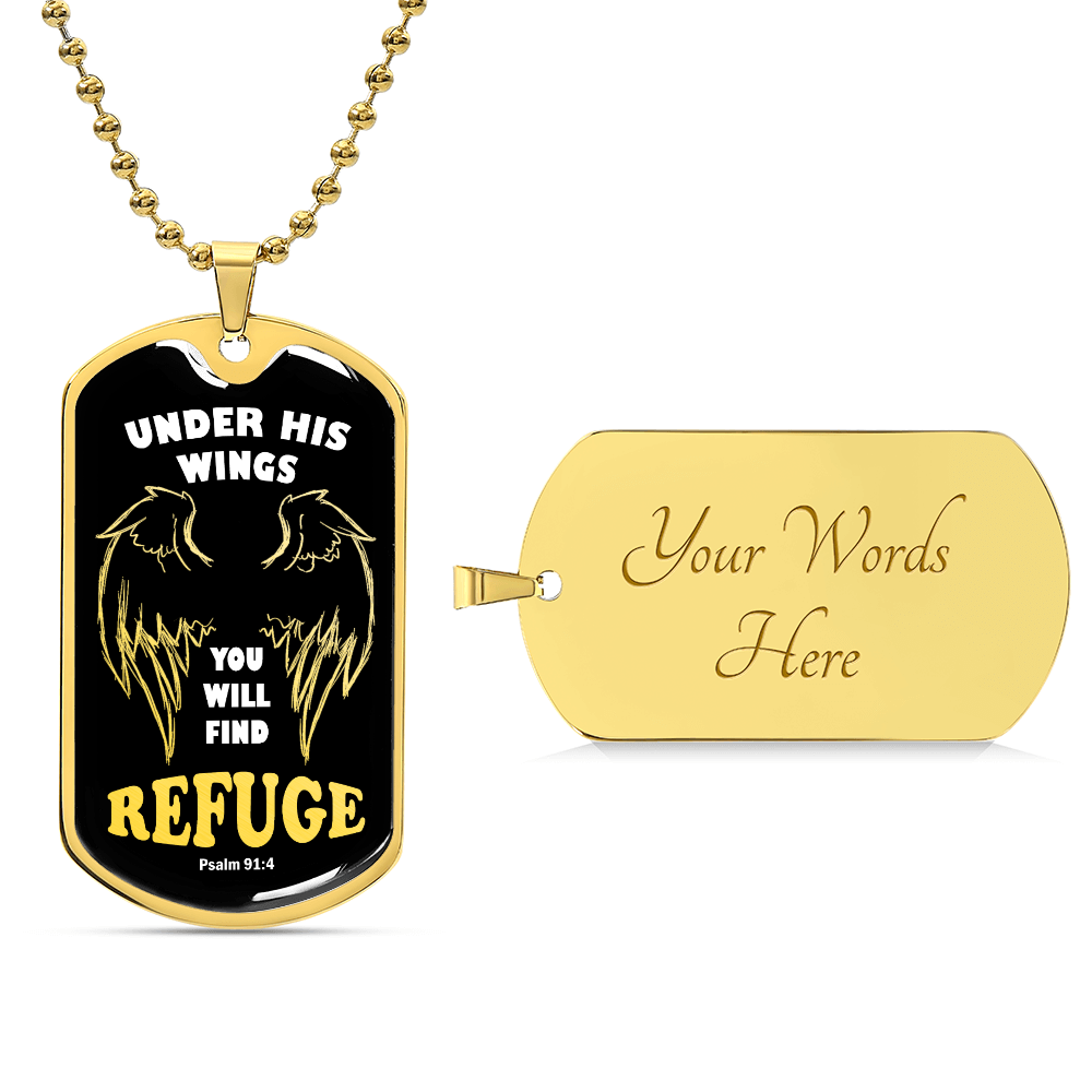 Psalm 91 Refuge Under His Wings Necklace Dog Tag Stainless Steel or 18k Gold w 24" Chain-Express Your Love Gifts