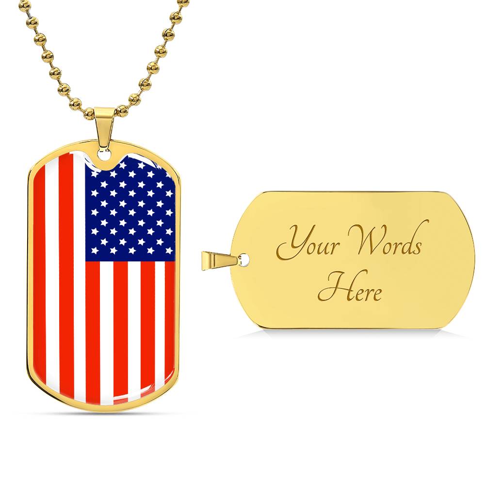 Country Pride Red, White and Blue Steel US Flag Stainless Steel Silver Tone or 18k Gold Military Dog Tag Necklace w 24" Ball Chain-Express Your Love Gifts