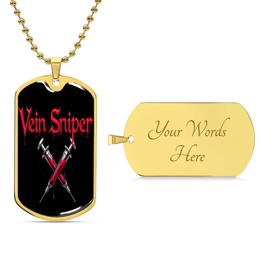 Vein Sniper Phlebotomist Necklace Stainless Steel or 18k Gold Dog Tag 24"-Express Your Love Gifts