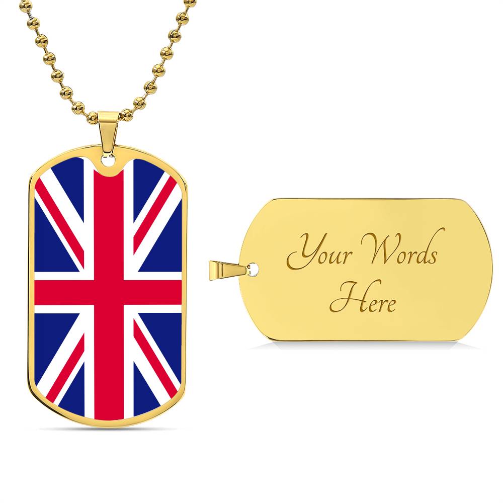 UK Flag Necklace Dog Tag Stainless Steel or 18k Gold 24" Chain-Express Your Love Gifts