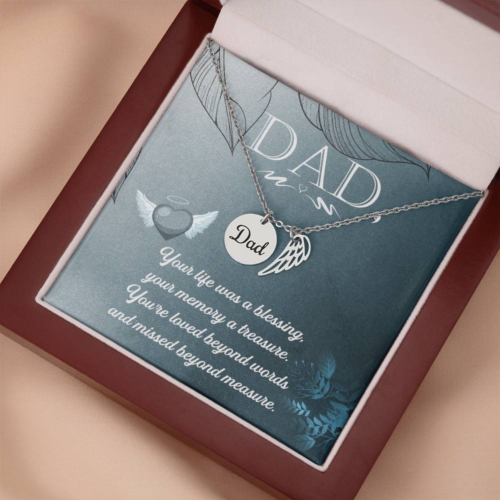 Your Life Was a Blessing Remembrance Necklace for Dad Angel Wing Charm Stainless Steel or 18k Gold Finish-Express Your Love Gifts