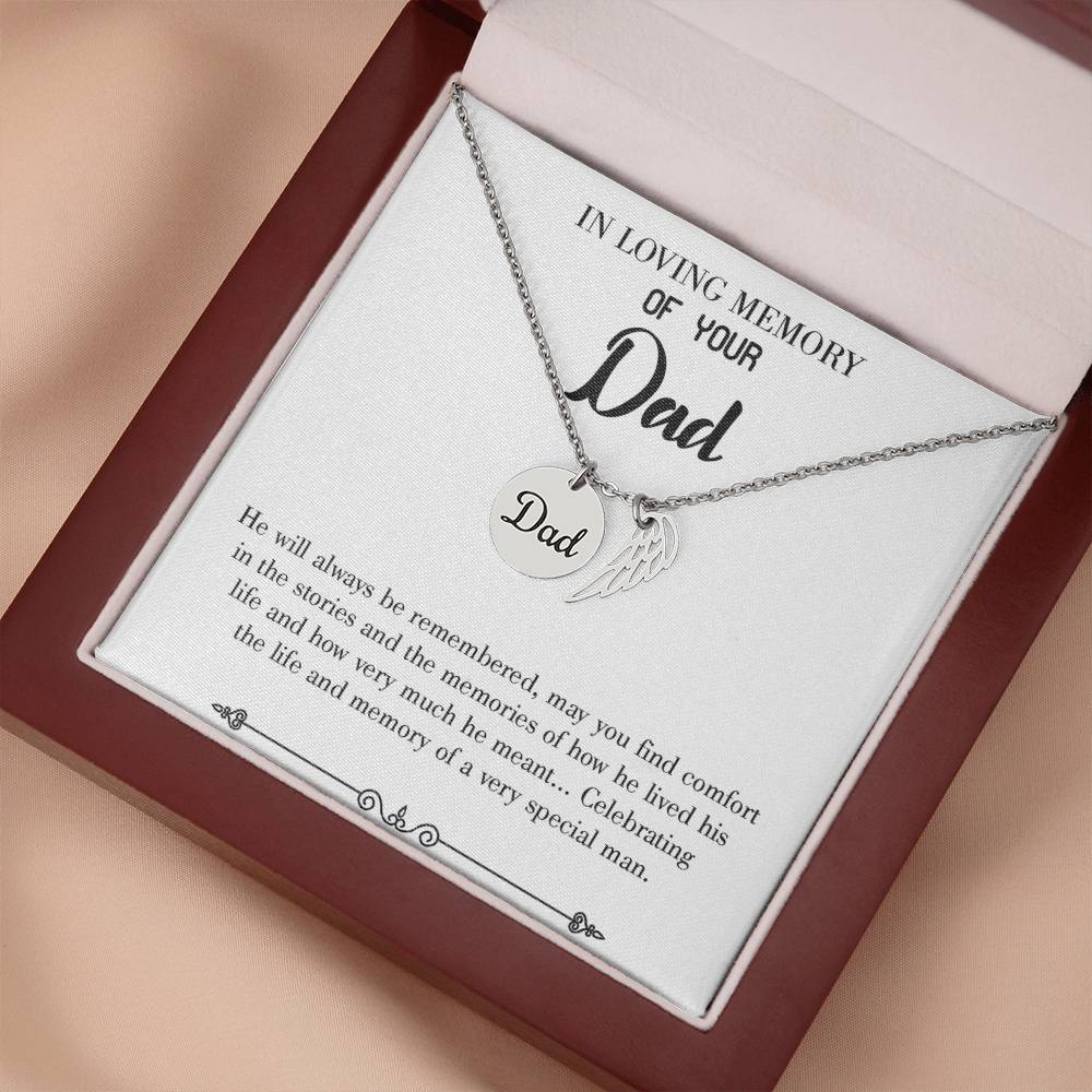 Celebrating Life Remembrance Necklace for Dad Angel Wing Charm Stainless Steel or 18k Gold Finish-Express Your Love Gifts