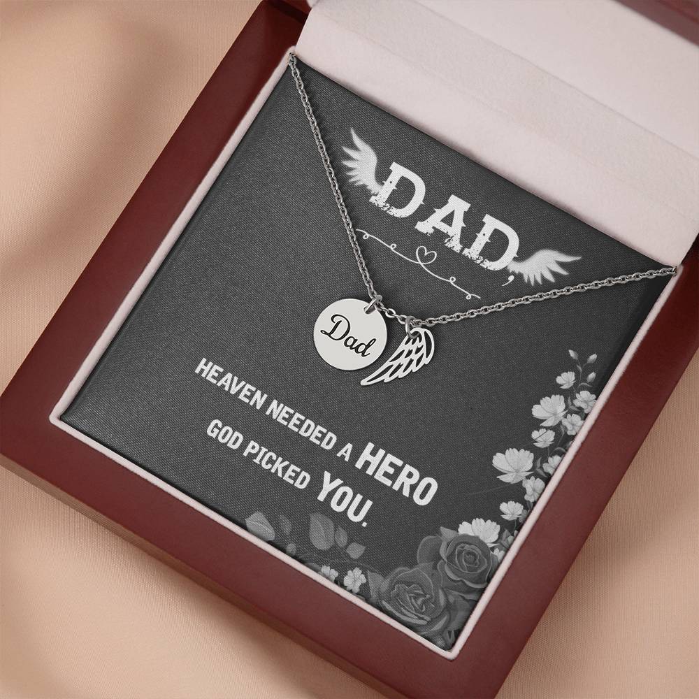 Heaven Needed a Hero Remembrance Necklace for Dad Angel Wing Charm Stainless Steel or 18k Gold Finish-Express Your Love Gifts