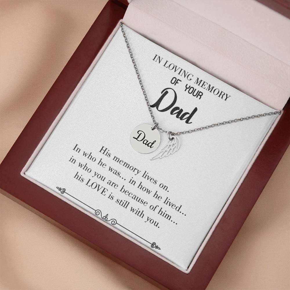 His Memory Lives Remembrance Necklace for Dad Angel Wing Charm Stainless Steel or 18k Gold Finish-Express Your Love Gifts