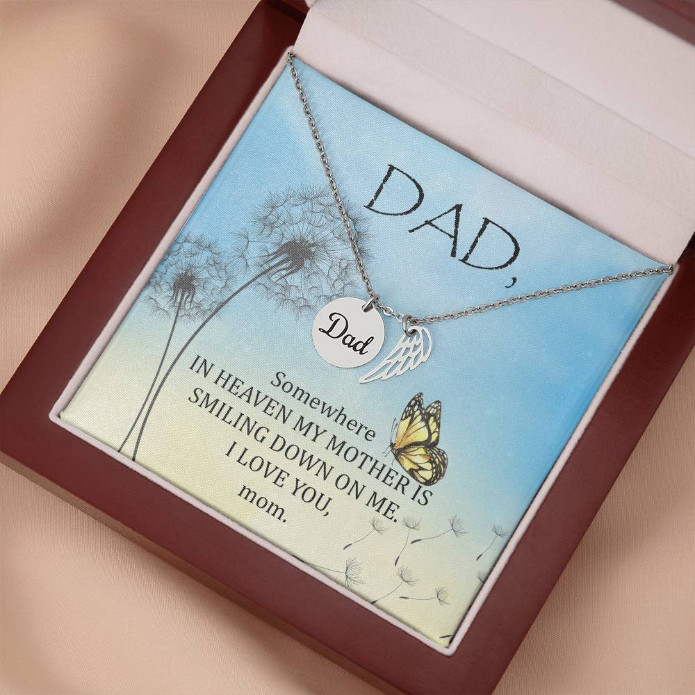 Somewhere in Heaven Remembrance Necklace for Dad Angel Wing Charm Stainless Steel or 18k Gold Finish-Express Your Love Gifts