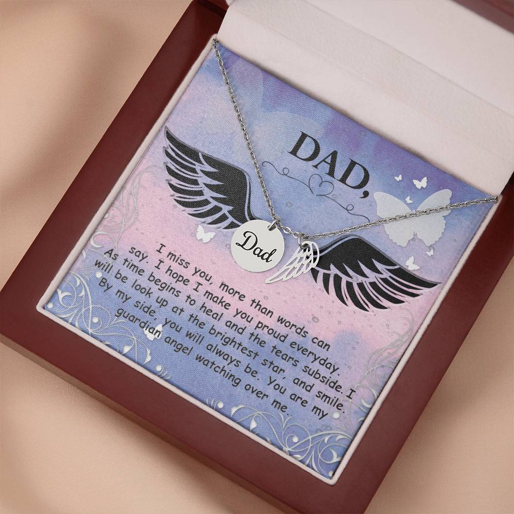 I Miss You More Remembrance Necklace for Dad Angel Wing Charm Stainless Steel or 18k Gold Finish-Express Your Love Gifts