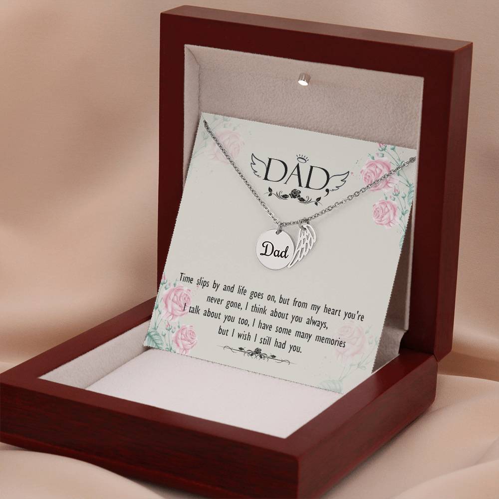 Time Slips By Remembrance Necklace for Dad Angel Wing Charm Stainless Steel or 18k Gold Finish-Express Your Love Gifts