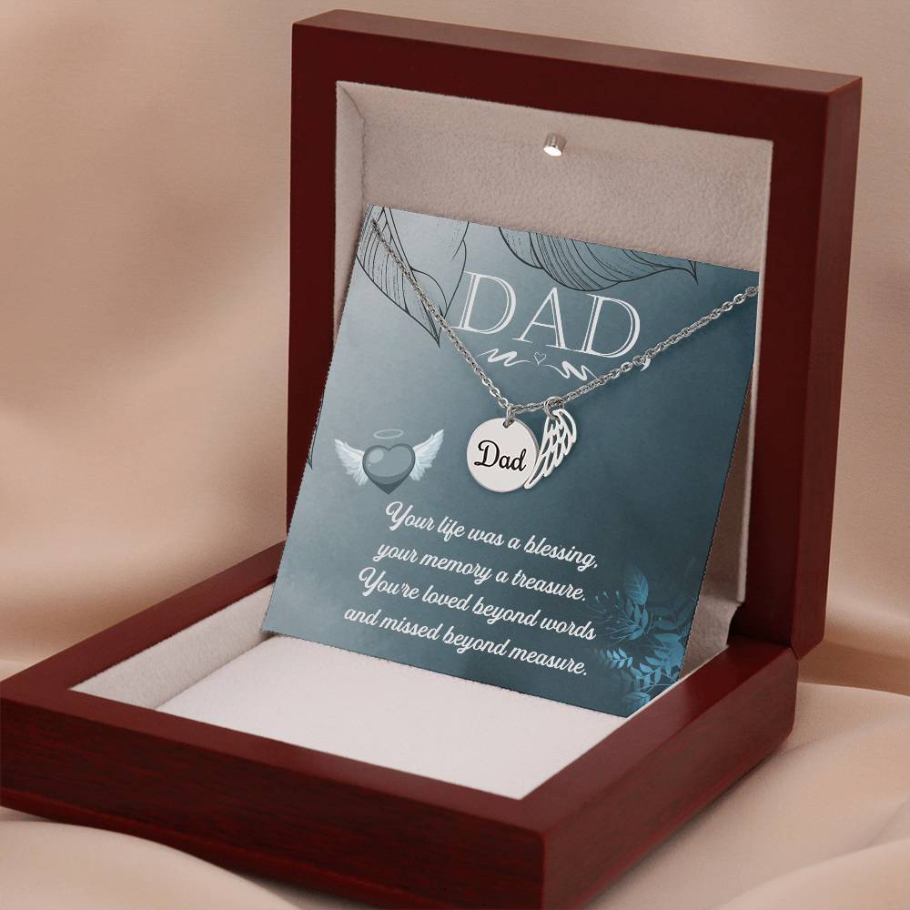 Your Life Was a Blessing Remembrance Necklace for Dad Angel Wing Charm Stainless Steel or 18k Gold Finish-Express Your Love Gifts