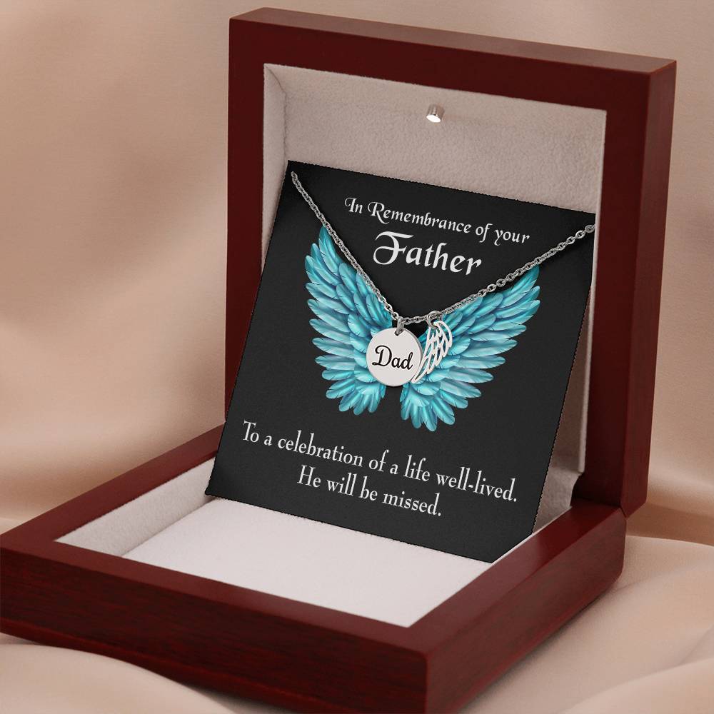He Will Be Missed Remembrance Necklace for Dad Angel Wing Charm Stainless Steel or 18k Gold Finish-Express Your Love Gifts