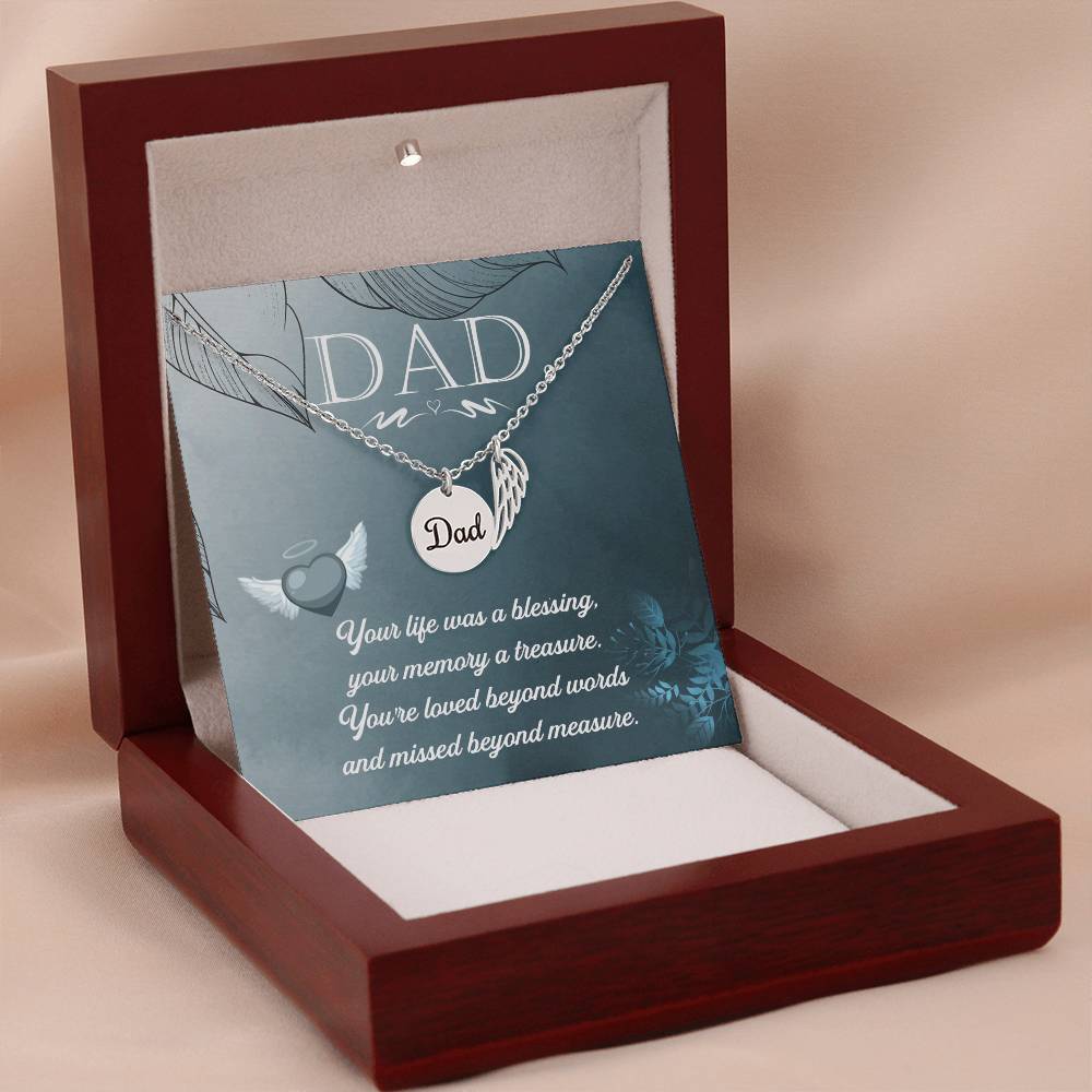 Your Life Was a Blessing Remembrance Necklace for Dad Angel Wing Charm Stainless Steel or 18k Gold Finish-Express Your Love Gifts
