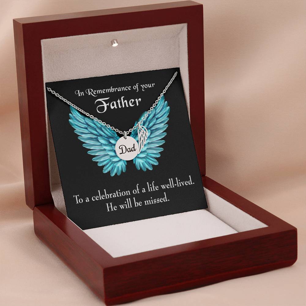He Will Be Missed Remembrance Necklace for Dad Angel Wing Charm Stainless Steel or 18k Gold Finish-Express Your Love Gifts