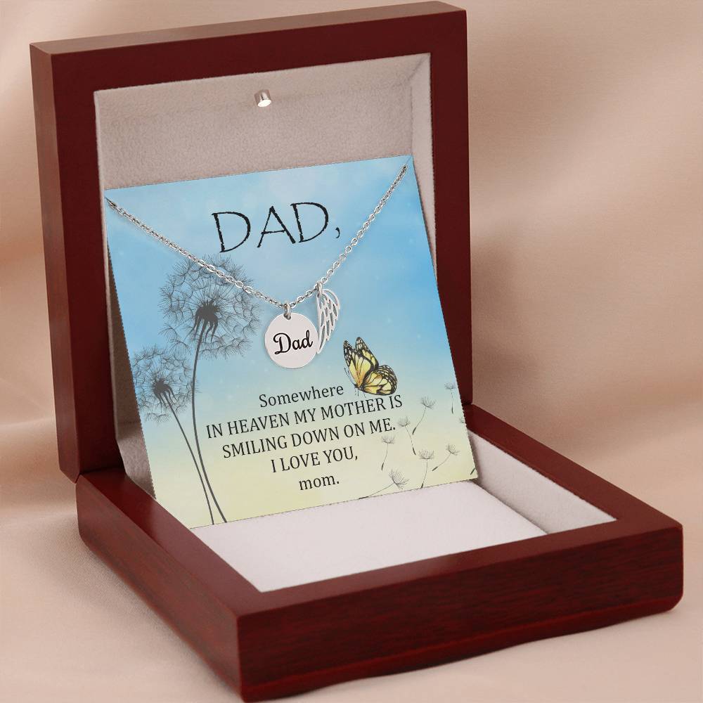 Somewhere in Heaven Remembrance Necklace for Dad Angel Wing Charm Stainless Steel or 18k Gold Finish-Express Your Love Gifts