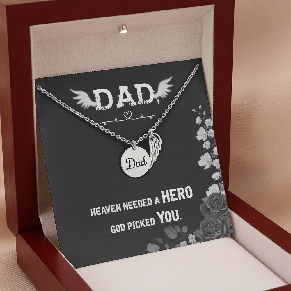 Heaven Needed a Hero Remembrance Necklace for Dad Angel Wing Charm Stainless Steel or 18k Gold Finish-Express Your Love Gifts