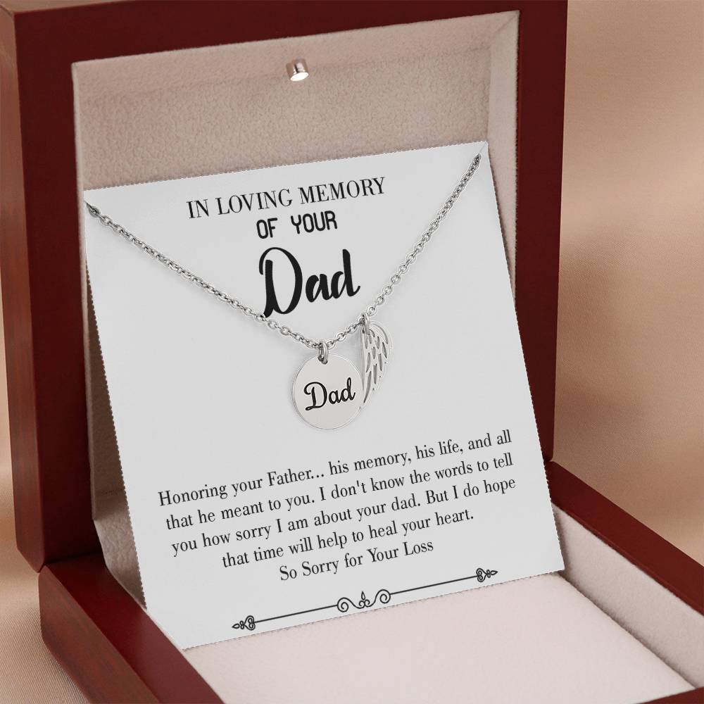 Honoring Your Father Remembrance Necklace for Dad Angel Wing Charm Stainless Steel or 18k Gold Finish-Express Your Love Gifts