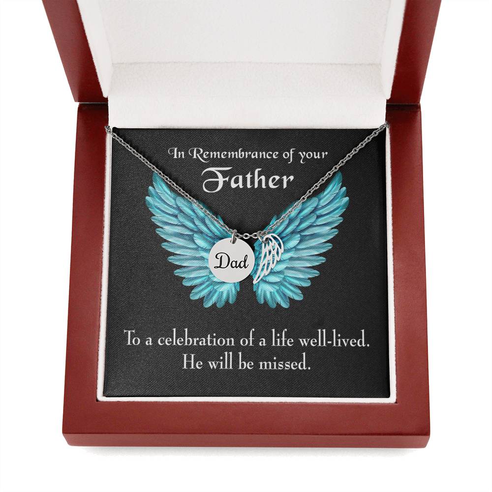 He Will Be Missed Remembrance Necklace for Dad Angel Wing Charm Stainless Steel or 18k Gold Finish-Express Your Love Gifts