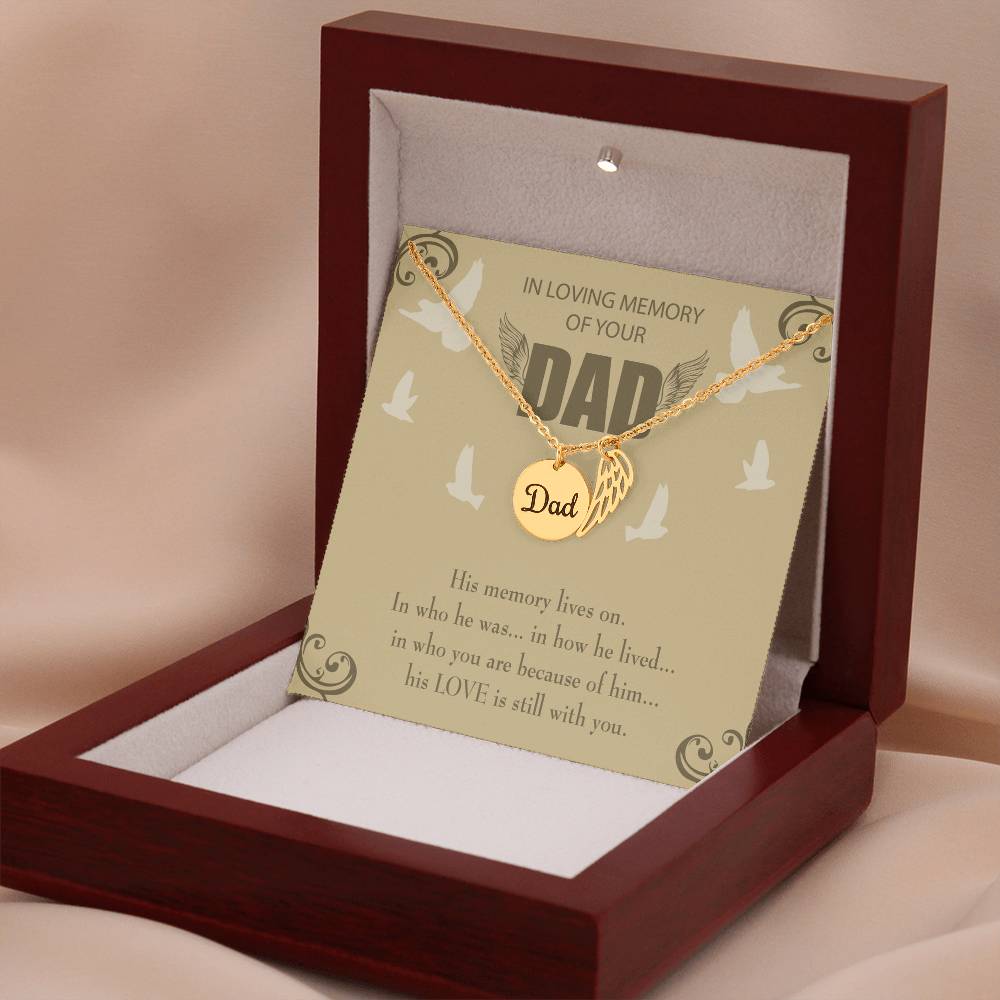 His Memory Lives On Remembrance Necklace for Dad Angel Wing Charm Stainless Steel or 18k Gold Finish-Express Your Love Gifts