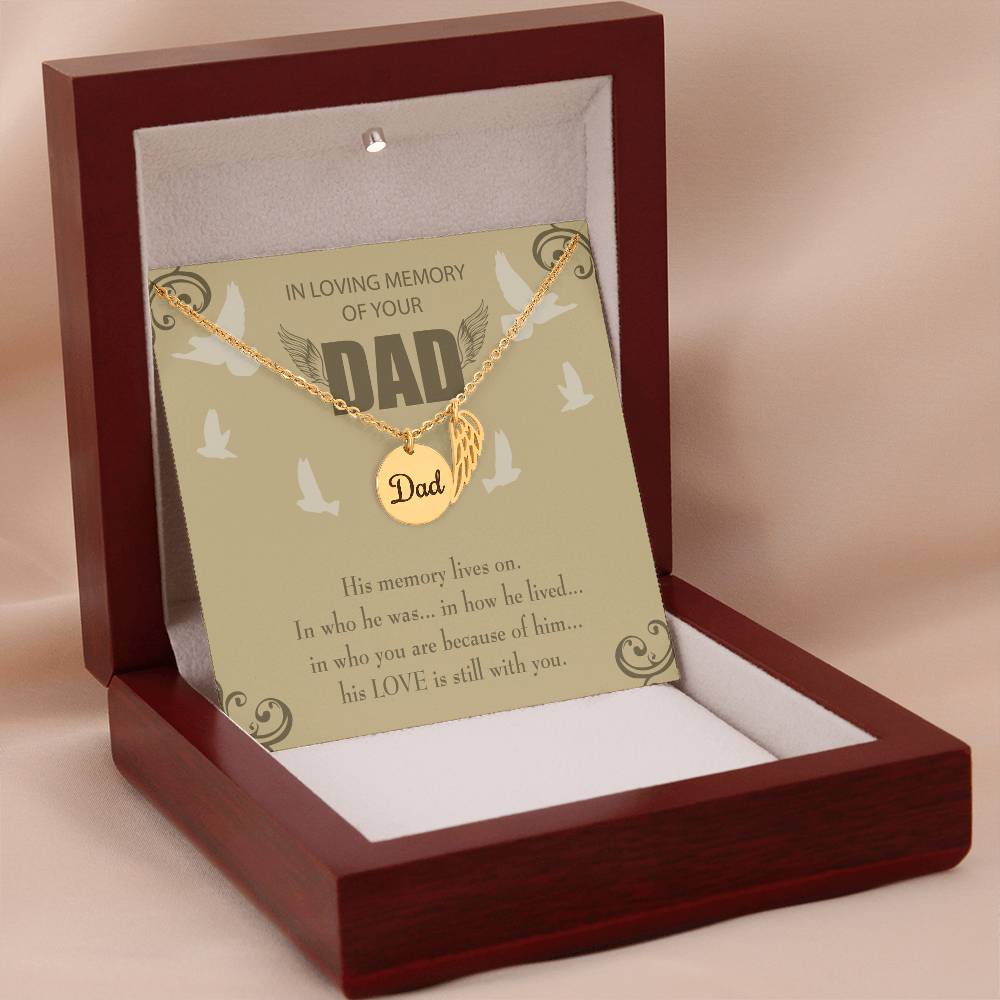 His Memory Lives On Remembrance Necklace for Dad Angel Wing Charm Stainless Steel or 18k Gold Finish-Express Your Love Gifts