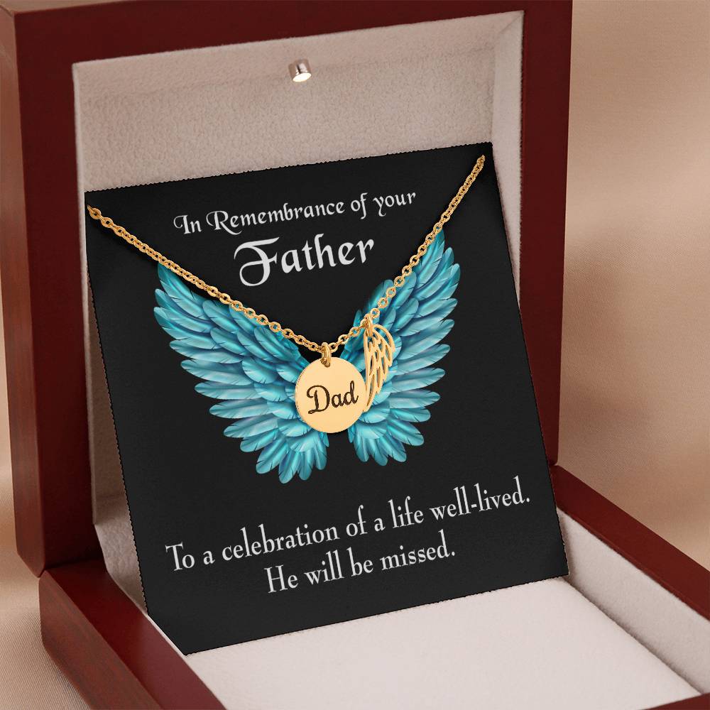 He Will Be Missed Remembrance Necklace for Dad Angel Wing Charm Stainless Steel or 18k Gold Finish-Express Your Love Gifts