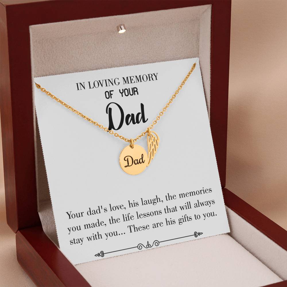 Life's Lesson Remembrance Necklace for Dad Angel Wing Charm Stainless Steel or 18k Gold Finish-Express Your Love Gifts