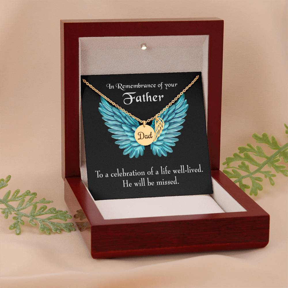 He Will Be Missed Remembrance Necklace for Dad Angel Wing Charm Stainless Steel or 18k Gold Finish-Express Your Love Gifts