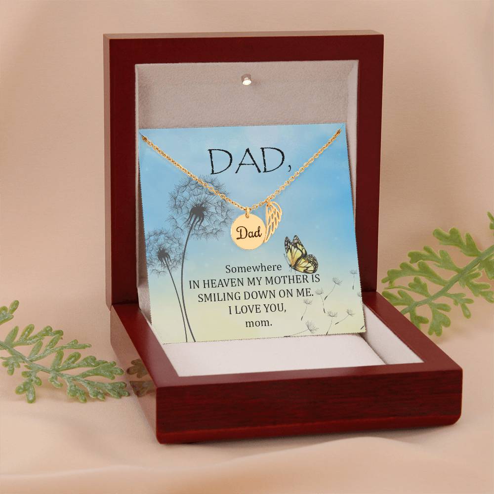 Somewhere in Heaven Remembrance Necklace for Dad Angel Wing Charm Stainless Steel or 18k Gold Finish-Express Your Love Gifts
