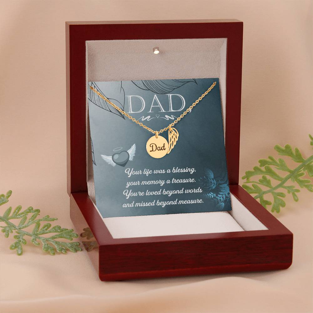 Your Life Was a Blessing Remembrance Necklace for Dad Angel Wing Charm Stainless Steel or 18k Gold Finish-Express Your Love Gifts