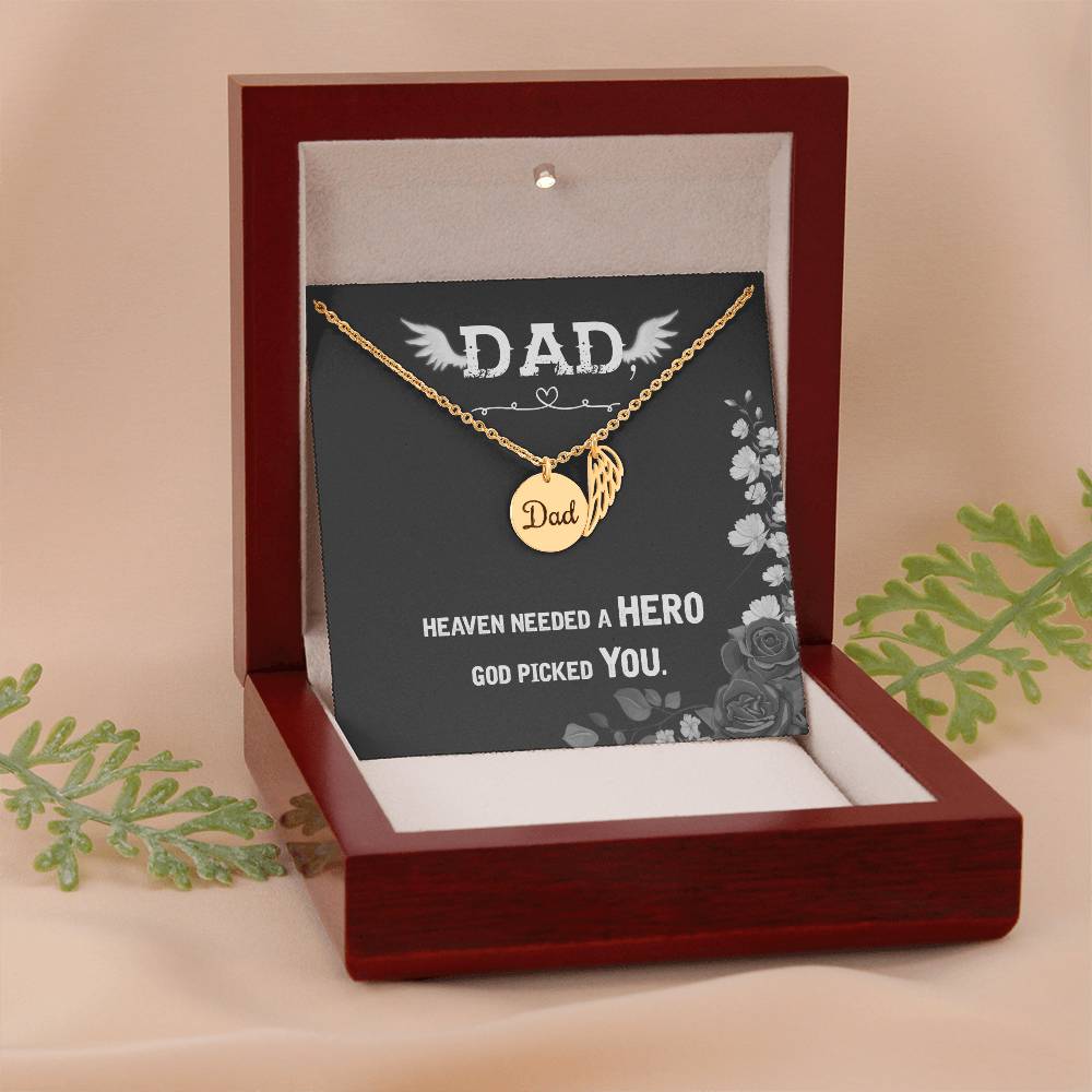 Heaven Needed a Hero Remembrance Necklace for Dad Angel Wing Charm Stainless Steel or 18k Gold Finish-Express Your Love Gifts
