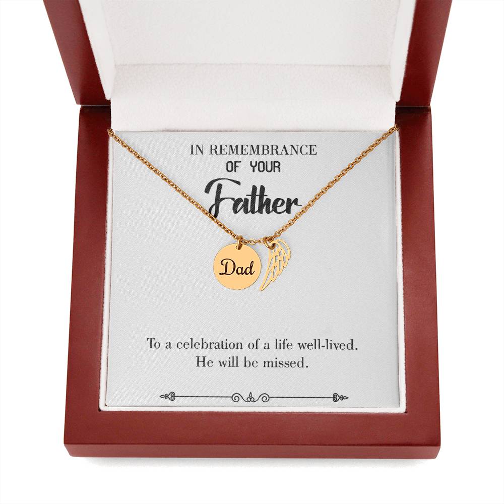 Celebration of a Life Remembrance Necklace for Dad Angel Wing Charm Stainless Steel or 18k Gold Finish-Express Your Love Gifts