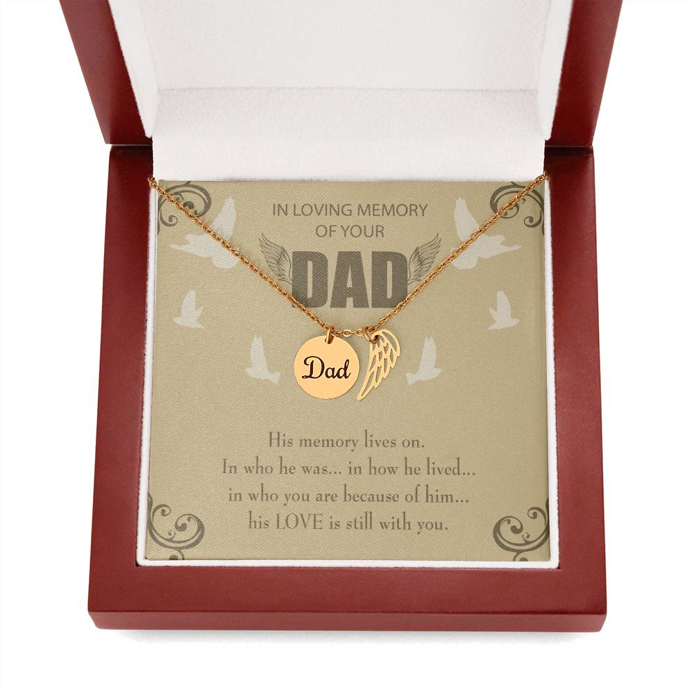 His Memory Lives On Remembrance Necklace for Dad Angel Wing Charm Stainless Steel or 18k Gold Finish-Express Your Love Gifts