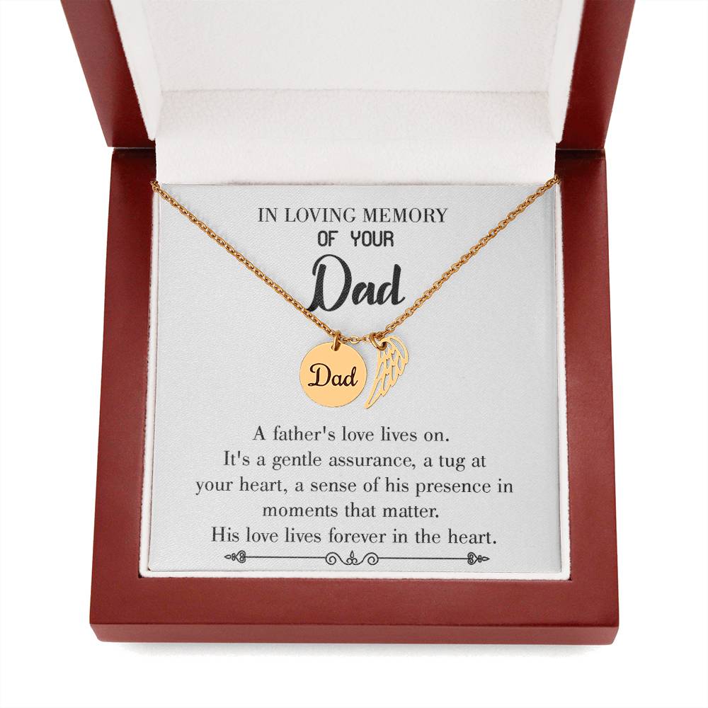 His Love Lives Forever Remembrance Necklace for Dad Angel Wing Charm Stainless Steel or 18k Gold Finish-Express Your Love Gifts