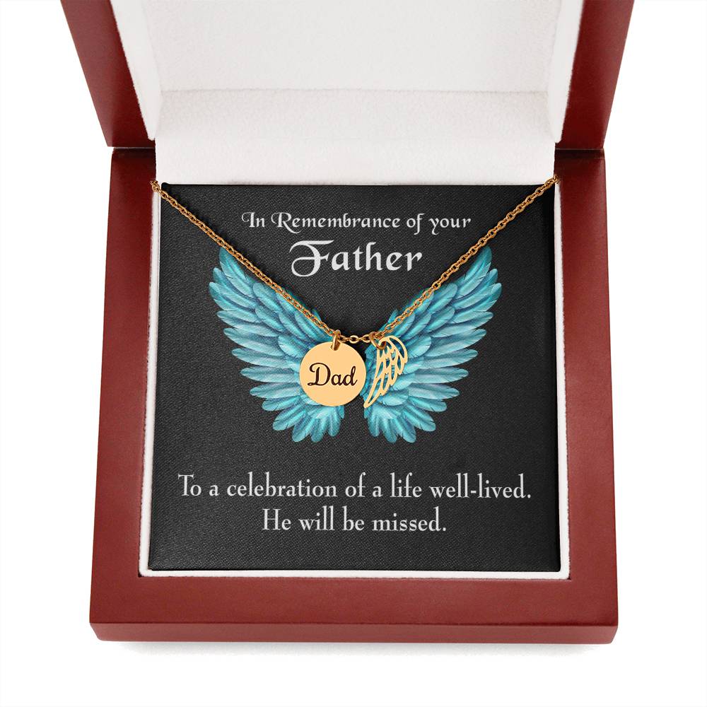 He Will Be Missed Remembrance Necklace for Dad Angel Wing Charm Stainless Steel or 18k Gold Finish-Express Your Love Gifts