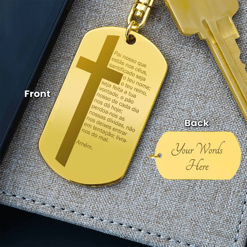 Lord's Prayer Portuguese Pai Nosso Engraved Dog Tag Bible Keychain Stainless Steel or 18k Gold-Express Your Love Gifts
