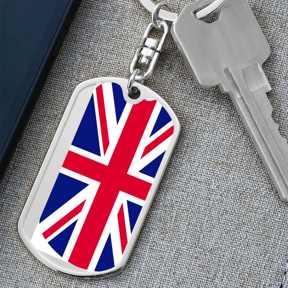 UK Flag Stainless Steel or 18k Gold Premium Swivel Dog Tag Keychain-Express Your Love Gifts