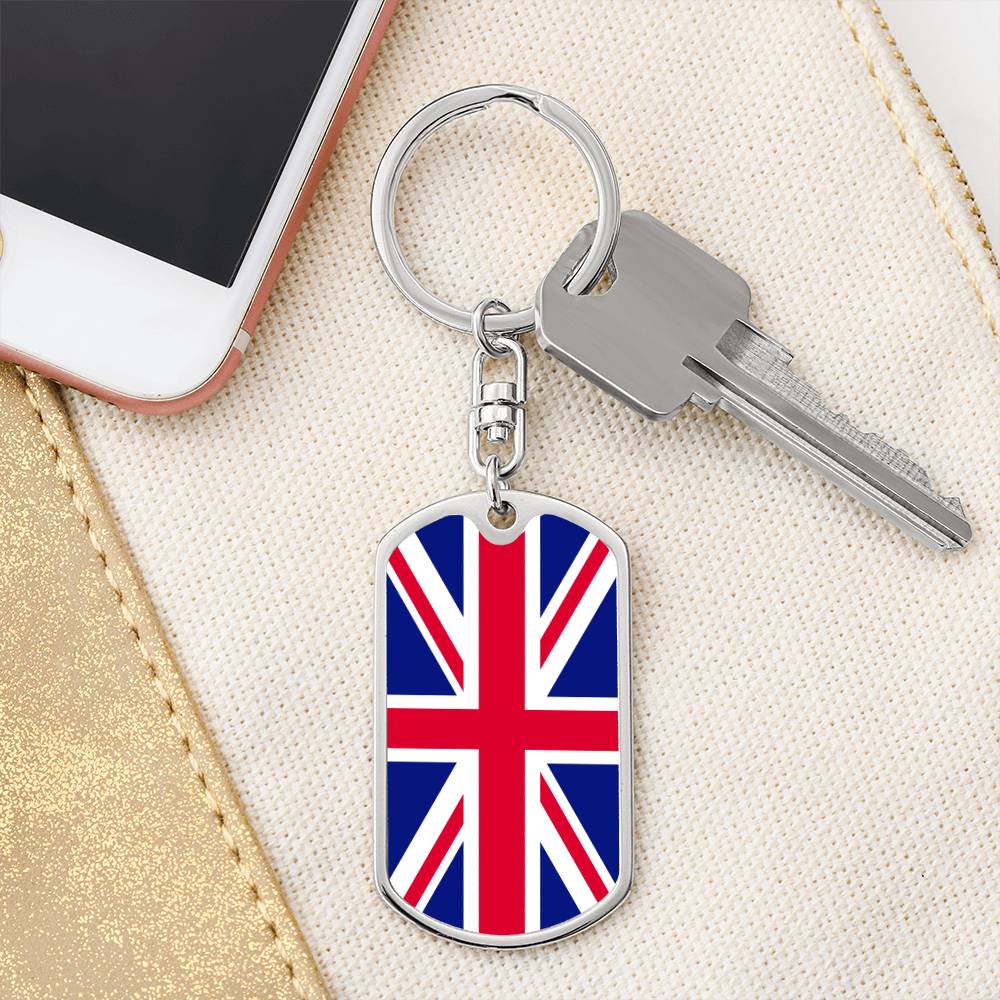 UK Flag Stainless Steel or 18k Gold Premium Swivel Dog Tag Keychain-Express Your Love Gifts