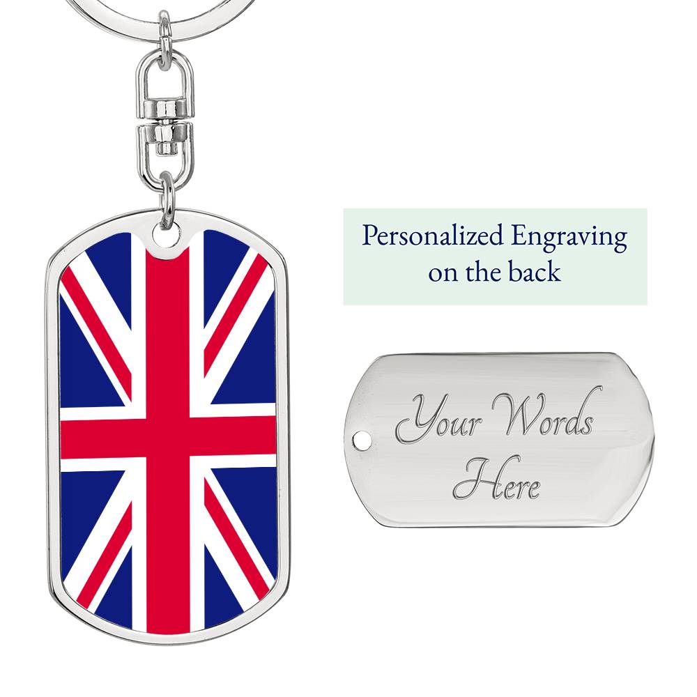 UK Flag Stainless Steel or 18k Gold Premium Swivel Dog Tag Keychain-Express Your Love Gifts